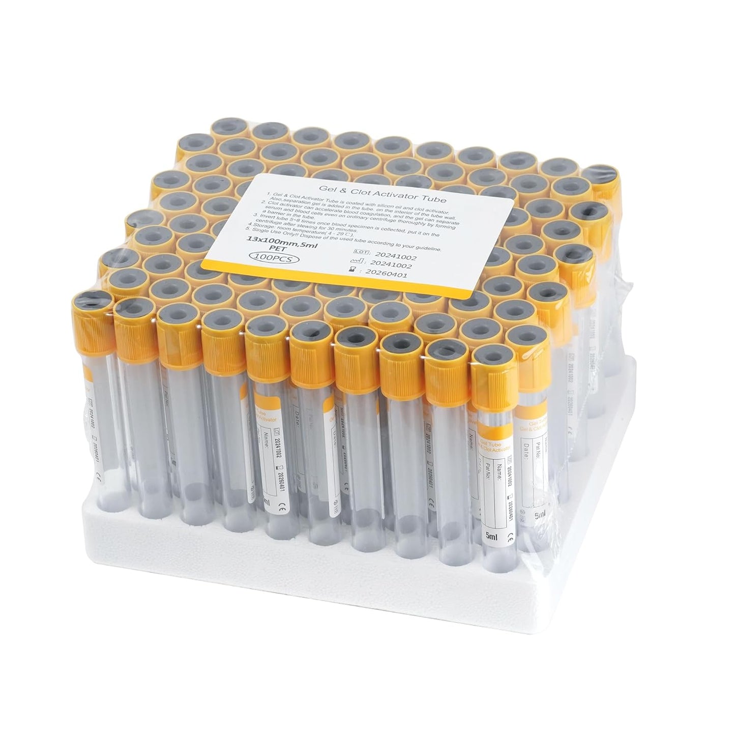 100-Pack 5 mL Vacuum Blood Collection Tubes – PET Veterinary Lab Multi-Type Set (Gel & Clot/Heparin/K₂-EDTA/PT/Plain)