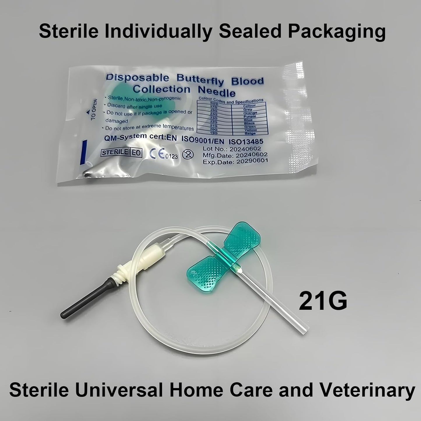 50-Count Veterinary Butterfly Collection Needles (with Luer Connector) – 21G, 23G, 25G – Individually Sterile Packaged (21G)