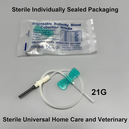 50-Count Veterinary Butterfly Collection Needles (with Luer Connector) – 21G, 23G, 25G – Individually Sterile Packaged (21G)